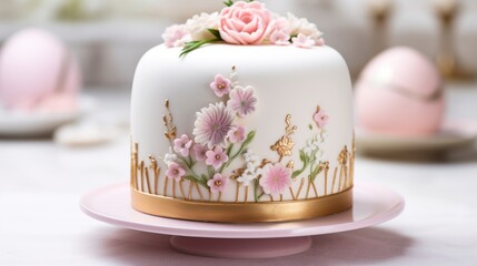 Fototapeta na wymiar a white cake decorated with pink flowers and gold trim on a pink plate with a pink egg in the background.