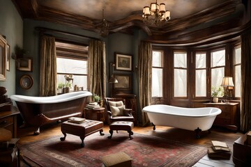 A vintage-inspired luxury bedroom with antique furnishings, a clawfoot bathtub, and a cozy reading nook by the window.