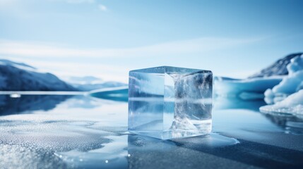  a large ice block sitting on top of a frozen lake next to a mountain covered in snow and ice floes. - obrazy, fototapety, plakaty