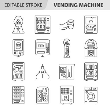 Vending machine line icon. Vector collection with gumball machine, toy machine, self-service ticket machine, digital payment kiosk, jukebox, photo both. Editable stroke.