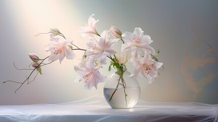  a vase filled with pink flowers sitting on top of a white table next to a vase filled with white flowers.