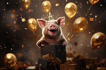 Cute little pig wearing a party hat is poking its head out of a box. The pig has a happy and excited expression on its face, and its tail is wagging.