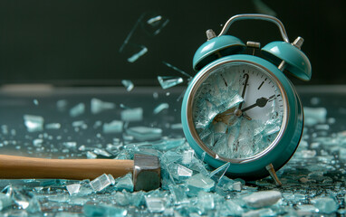 An alarm clock with broken glass with a hammer next to it