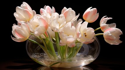  a bunch of pink and white tulips in a glass vase on a black surface with a black background.