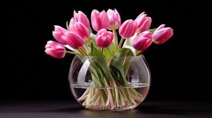  a vase filled with pink tulips sitting on top of a black table next to a glass vase filled with water.