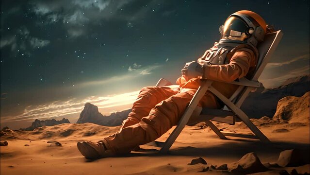 Astronaut Sitting in Chair in Desert, Exploration, Solitude, Contrasts, Discovery, Adventure, Space Travel, Exploration, Isolation, Exploration