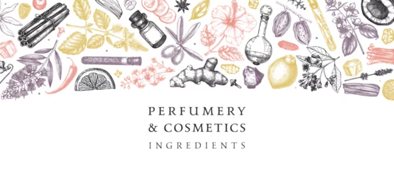 Poster Perfumery and cosmetics ingredients banner. Flower, fruit, spice, herb sketches. Hand drawn vector illustration. Cosmetics design template. Aromatic plants background © sketched-graphics
