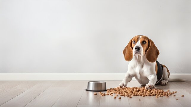 a beagle dog lying on the floor and gazing at a bowl of dry food, a minimalist modern style, creating a serene and visually appealing scene.