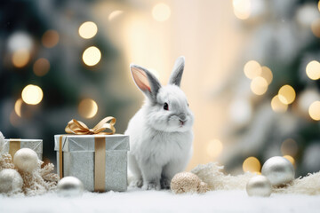 White rabbit sitting next to a gift box with a gold bow