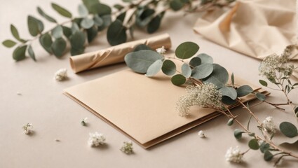 Eucalyptus branches, eucalyptus leaves and envelope on beige background