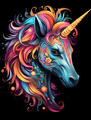 t-shirt design, the colorful unicorn head is on a black background created with Generative Ai