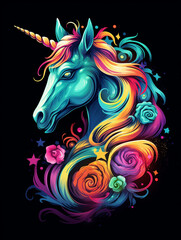 Fototapeta na wymiar t-shirt design, the colorful unicorn head is on a black background created with Generative Ai