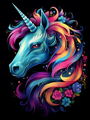Obraz na płótnie Canvas t-shirt design, the colorful unicorn head is on a black background created with Generative Ai