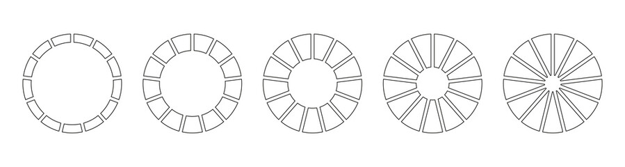 Circle division on 13 equal parts. Wheel divided diagrams with  thirteen segments. Set of simple infographic. Coaching blank. Circles section graph line art. Outline donut charts or pies icons. - obrazy, fototapety, plakaty