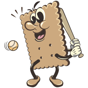 recommend clip art: vector illustration of cute square biscuit character mascot ready to hit a baseball with a bat, work of handmade