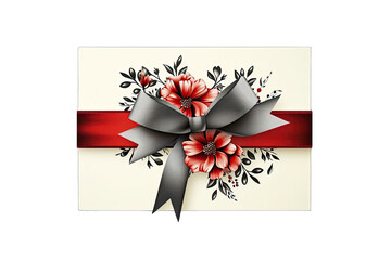 Elegant Gift Card With Grey And Red Ribbon And Floral Shape On Transparent Background
