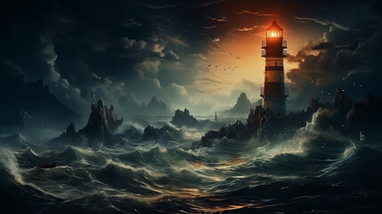 Lighthouse In Stormy Landscape - Leader And Vision Concept