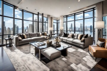 A modern luxury living room with high-end furnishings, an open-concept design, and a wall of windows offering breathtaking views.