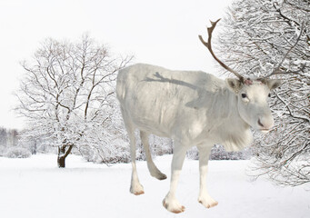 White Northen deer on snow field with trees