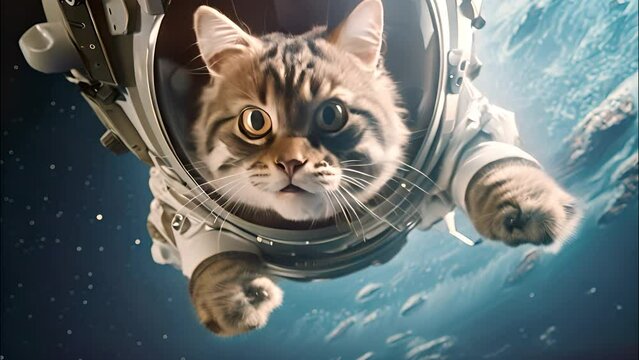 Cat in Space Suit Floating in Water, An Unusual Sight of Feline Astronaut Exploring Aquatic Abyss