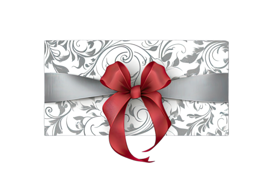 Elegant Gift Card With Grey And Red Ribbon And Floral Shape On Transparent Background