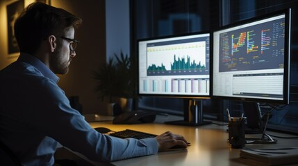 Analyst reviewing data on multiple computer screens