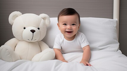 a happy baby boy dressed in a white bodysuit, embracing a teddy bear while lying in a crib at home, a closeup, highlight the sweetness of the moment.