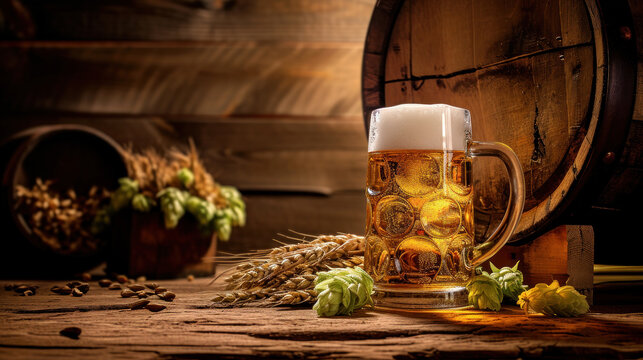 Brewer's Bounty: Still Life with Beer, Barrel, Wheat, and Hops. Generative AI