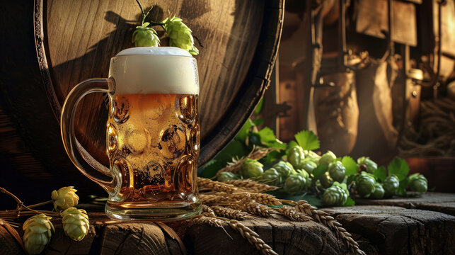 Brewer's Bounty: Still Life with Beer, Barrel, Wheat, and Hops. Generative AI