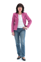 in full growth. smiling adult woman in a pink jacket