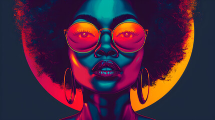 Graphic poster featuring a beautiful African woman in retro-futuristic fashion style for Black History Month celebration