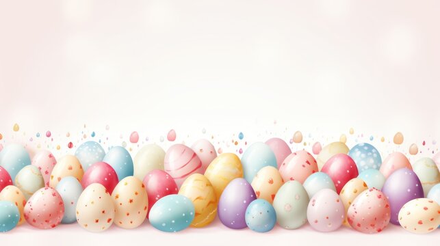  a group of colorful easter eggs with confetti sprinkles on a pink background with a place for text.