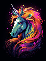 t-shirt design, a colorful unicorn head with rainbow mane created with Generative Ai