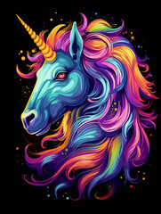t-shirt design, a colorful unicorn head with rainbow mane created with Generative Ai