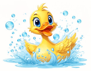 Fototapeta na wymiar Illustration of a sweet baby duck splashing in soapy water with bubbles, its blue eyes sparkling with joy as it looks at the viewer, wings flapping in delight. On white background