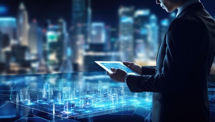 Human touching a advanced technology based on hologram light with greenery city, eco-friendly city on a city background with hologram network icons for energy source research, renewable energy concept