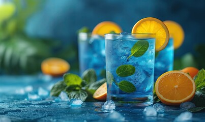 Fototapeta premium Blue background with blue transparent drink with ice.