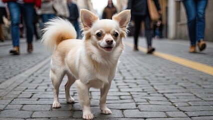 Cream long coat chihuahua dog walking on the street