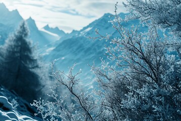 A winter alpine scene with neon ice blue veins in the snow and trees,