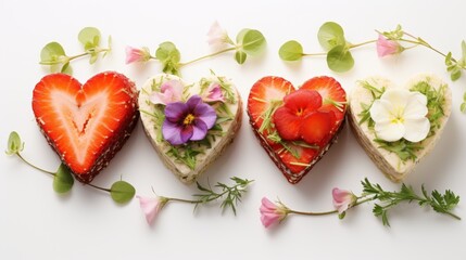  a group of three heart shaped sandwiches with strawberries and flowers on a white surface with green leaves and pink and white flowers.