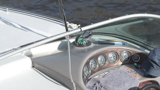 captain cabin trip yacht with beautiful white salon floating on dock. sunny day. close up