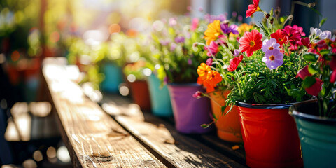 colorful flower pots on wooden garden table on sunny day. planting season. copy space