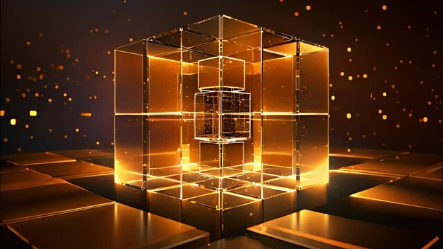 Golden Cube on Black Background, Solid, Elegant, and Mysterious 3D Object