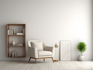 Interior room with white arm chair and an open bookcase