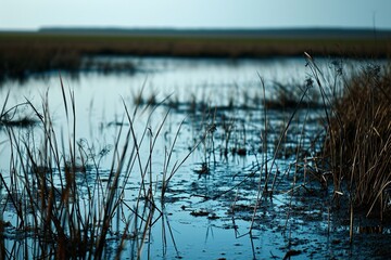 An expansive marshland with neon olive veins in the water and reeds,