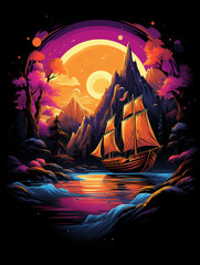 t-shirt design, a boat with a rainbow sail on the mountains, in the style of detailed character illustrations created with Generative Ai