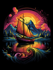 t-shirt design, a boat with a rainbow sail on the mountains, in the style of detailed character illustrations created with Generative Ai