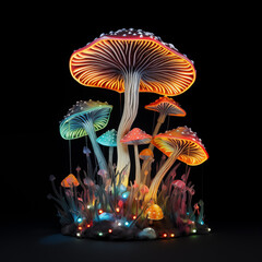 3D large mushrooms with light glow, black background