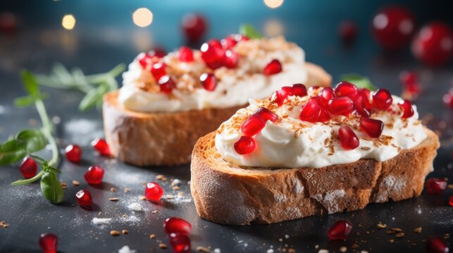  a close up of two pieces of bread with cream and pomegranates on the top of it.