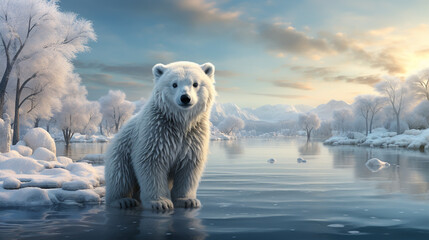 Cute polar bear paws up over wall, polar bear face cartoon - obrazy, fototapety, plakaty